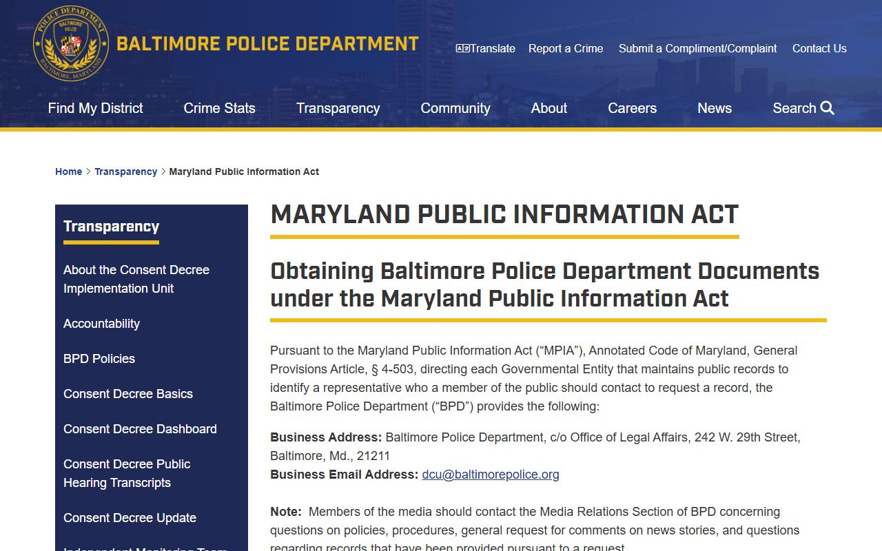 Baltimore Police PIA information page for Baltimore traffic ticket records