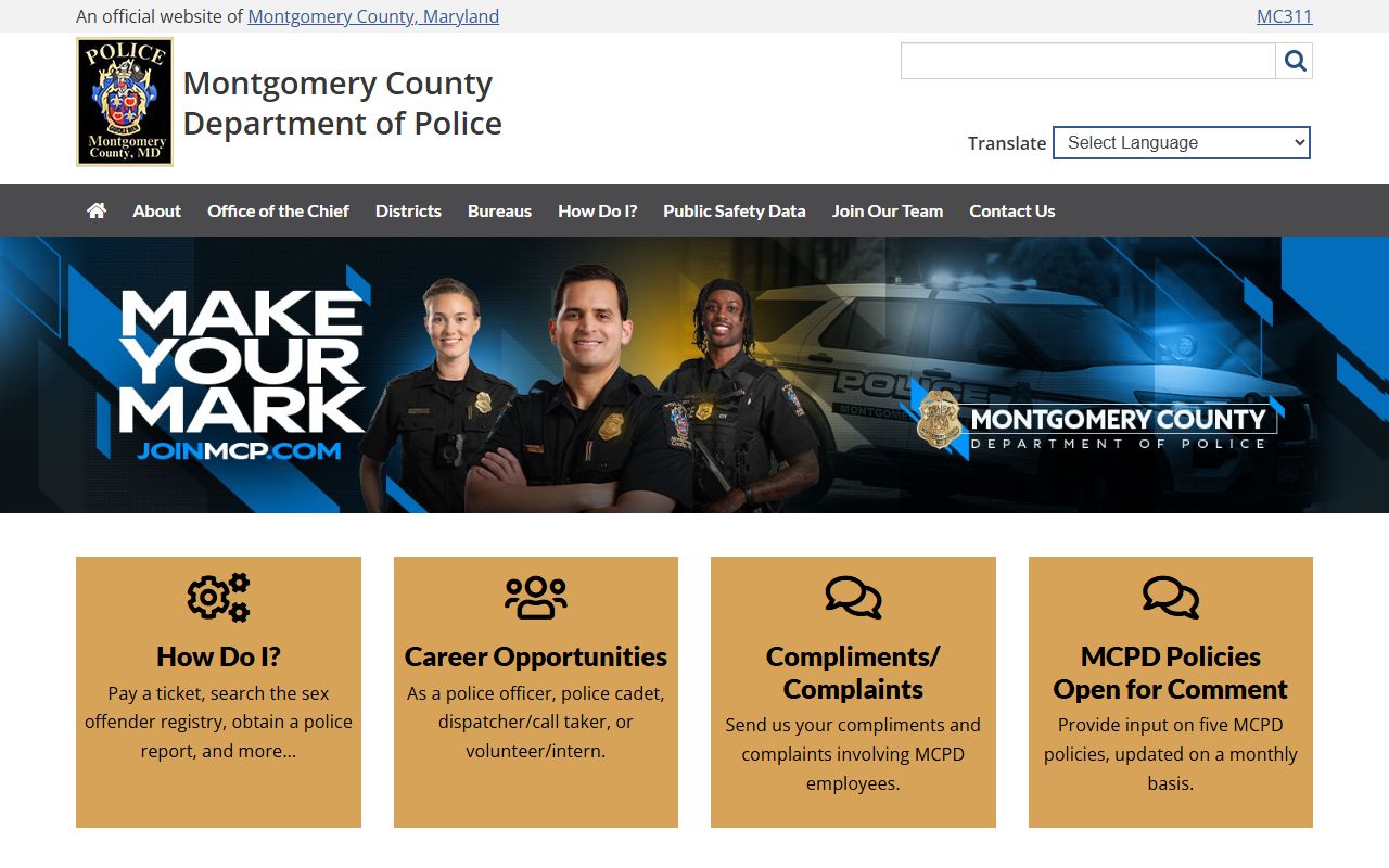 Montgomery County Police Department website for Germantown traffic ticket records