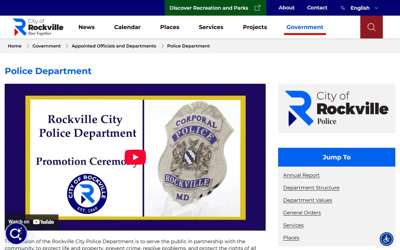 Rockville City Police Department page for Rockville traffic ticket records