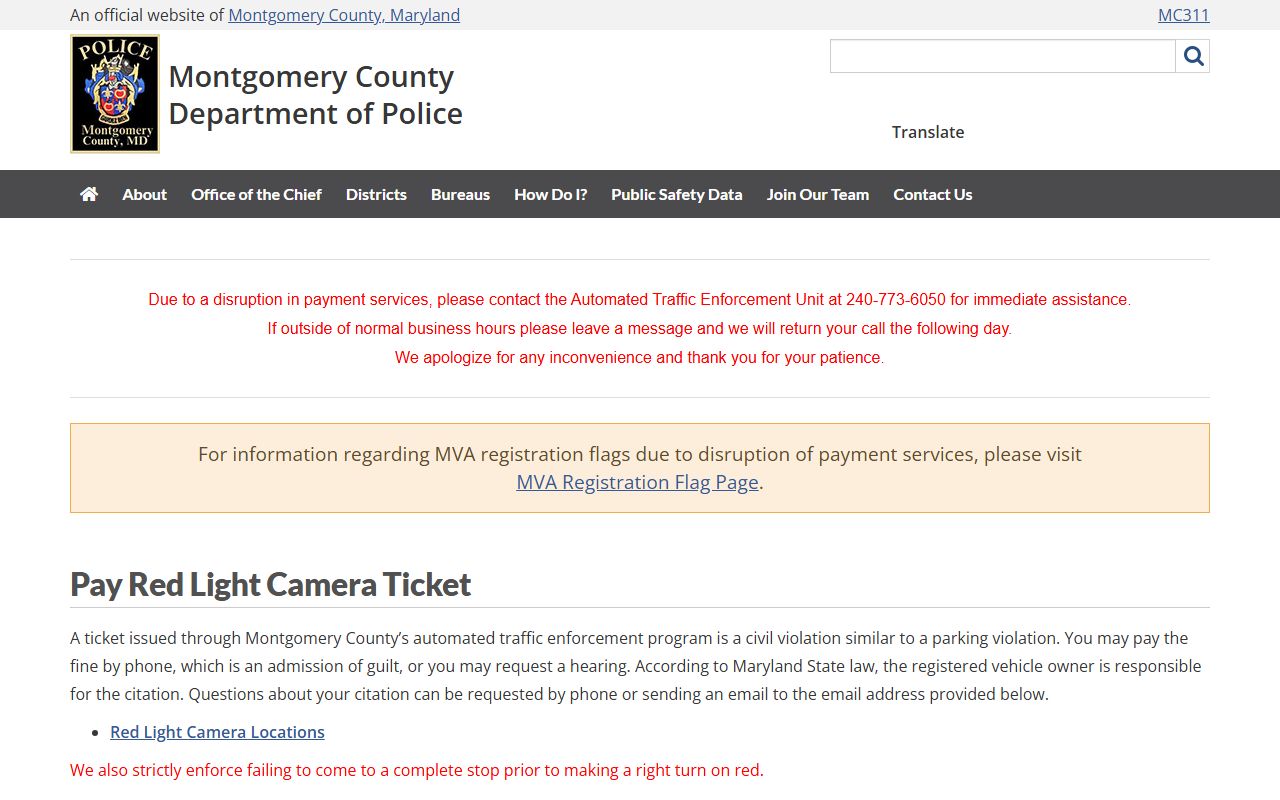 Montgomery County red light camera payment page for traffic ticket records