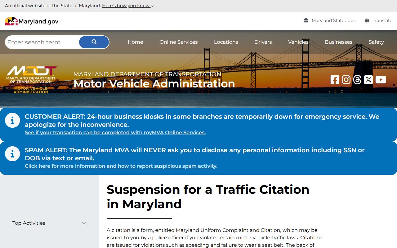 Maryland MVA traffic citation information page for traffic ticket records